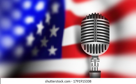 USA flag with mic. Public debate before vote elections, concept. USA song contest. Vector 3d illustration