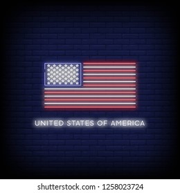 USA flag neon sign vector with a Brick Wall Background. Night bright Signboard USA flag. USA flag vector  neon symbol  light icon. Vector illustration