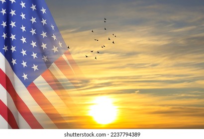 USA flag on a background of sunset. EPS10 vector