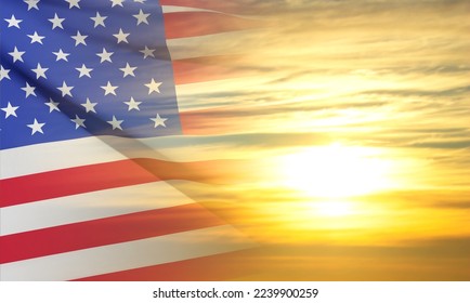 Bandera de Estados Unidos al fondo de la puesta de sol o amanecer. Tarjeta de saludo para fiestas nacionales. Vector EPS10