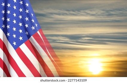 USA flag on background of sunset or sunrise. Greeting card for National Holidays. EPS10 vector