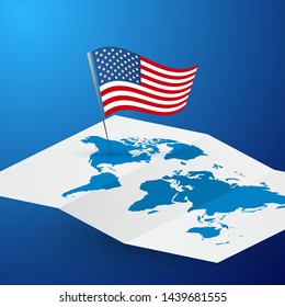 USA flag on blank vector world map abstract blue travel America concept 