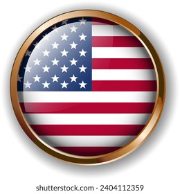 USA flag on button, American flag vector icon set. Glossy round icon with flag of the USA on white background
