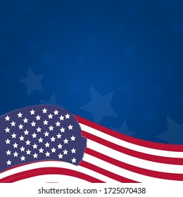 USA flag on dark blue background. Light white stars in the background. You can place your text here. Blue gradient background.