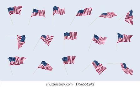 Bandera de Estados Unidos en un asta de bandera en diferentes ángulos. Folds de tela en banderas estadounidenses. Conjunto de ilustraciones vectoriales.