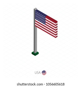 USA Flag on Flagpole in Isometric dimension. Isometric blue background. Vector illustration.