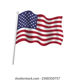 USA flag on flagpole waving in wind. Vector isolated illustration of American flag with stars and stripes. US national symbol