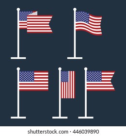 USA flag on flagstaff vector flat icons. Set of American flags on flagpoles. National star-spangled banners isolated on dark background. Vector illustration in EPS8 format.