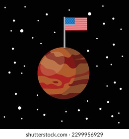 usa-Flagge auf dem Mars, abstrakter orangefarbener Planet auf schwarzem Hintergrund, Vektorgrafik 