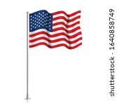 USA flag on a metallic pole. Official flag of the United States of America, isolated on a white background. Waving US flag hanging on a pillar. Vector illustration.