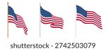 USA flag on pole, American waving flag set, US flagpole