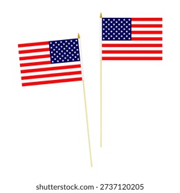 USA flag on pole isolated on white background. Hand held US American flags on stick. Realistic vector illustration