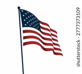 USA flag on pole, USA wavy flag 4th of july Happy Independence day isolated in white