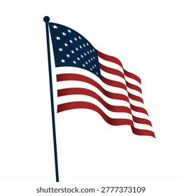 USA flag on pole, USA wavy flag 4th of july Happy Independence day isolated in white