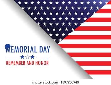 U.S.A. flag on shadow with the name and slogan's lettering of Memorial day on white  background. All in vector design.