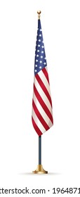 USA flag on stand isolated on white. Flag of the United States of America on a flagpole. American flag. Vector illustration