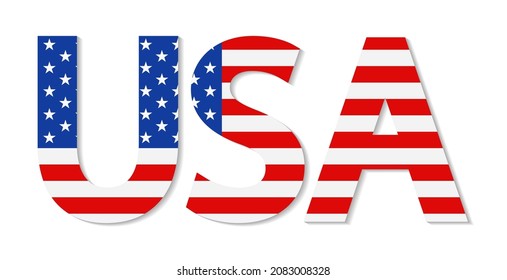 Die US-Flagge auf Wort. Logo mit Text- und usa-Flagge. Icon für American made, Patriotic, 4. juli und Reisen. Grafische Schriftart auf amerikanischem Banner. Design-Symbol von uns. Vektorgrafik.