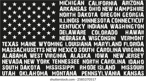 USA Flag in the original size, names of the states in the stripes