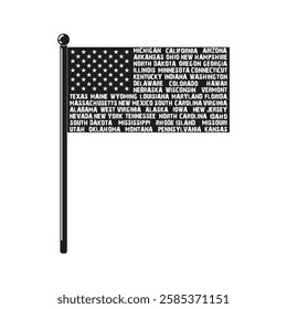 USA Flag in the original size, names of the states in the stripes on the stick