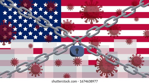 USA flag with outbreak deadly coronavirus covid-19. Coronavirus quarantine concept. Coronavirus outbreak in America.