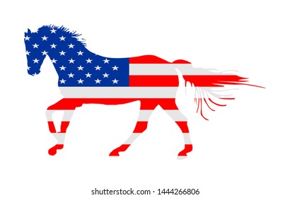 USA flag over elegant racing horse in gallop vector illustration isolated on white. Hippodrome entertainment and gambling sport event. Equestrian riding horse, national pride United States of America.