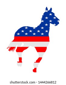 USA flag over elegant racing horse in gallop vector illustration isolated on white. Hippodrome entertainment and gambling sport event. Equestrian riding horse, national pride United States of America.