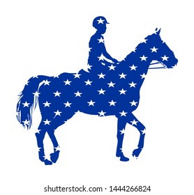 USA flag over elegant racing horse in gallop vector illustration isolated on white. Hippodrome entertainment and gambling sport event. Equestrian riding horse, national pride United States of America.