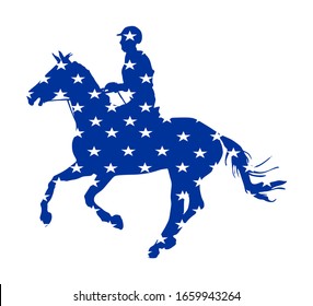 USA flag over elegant racing horse in gallop vector illustration isolated on white. Hippodrome entertainment and gambling sport event. Equestrian riding horse, national pride United States of America.