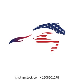 USA flag over elegant racing horse in gallop vector illustration isolated on white. Hippodrome entertainment and gambling sport event. Equestrian riding horse, national pride United States of America.