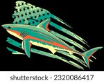 USA flag over Shark vector silhouette on black background