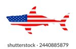 USA flag over Shark vector silhouette illustration isolated on. Sea predator. Danger beach alert. Open jaws beast. Fear for divers swimmers. America ocean alert for diving swimming. Volusia County.