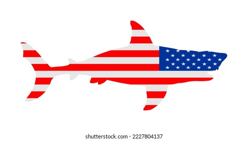 USA flag over Shark vector silhouette isolated on white. Sea predator. Danger on beach alert. Open jaws beast. Fear for divers swimmers. America under water alert for diving swimming. Volusia County.