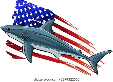 Bandera estadounidense sobre la silueta vectorial de los tiburones aislada en blanco.