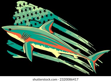 USA flag over Shark vector silhouette on black background