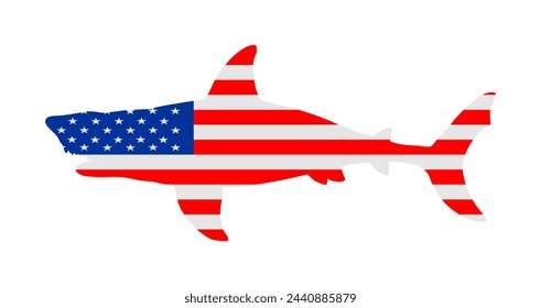 USA flag over Shark vector silhouette illustration isolated on. Sea predator. Danger beach alert. Open jaws beast. Fear for divers swimmers. America ocean alert for diving swimming. Volusia County.