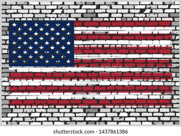 USA flag painted on brick wall. Flag of the United States of America painted on the wall through a stencil. Vector illustration