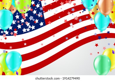 USA flag with party banner with Balloons background for 4 july independence day