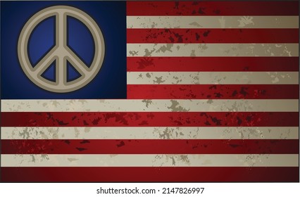 USA flag with peace sign, three dimensional render, isolated on white. Hippie American flag
