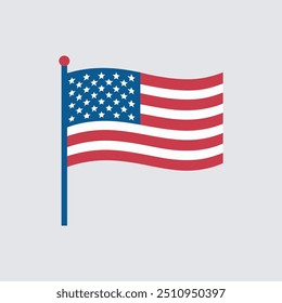 USA flag in pole icon. America holidays. Rectangular, waving and circular US flag. United States national symbol. 4 july banner in flat style. Veteran day and Memorial day vector illustration.