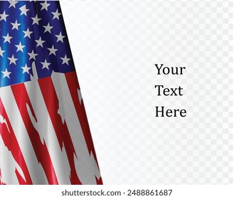 Afiche de la bandera de Estados Unidos. Bandera estadounidense en fondo transparente para la Plantilla de afiches del 4 de julio. Celebración del Día de la Independencia de Estados Unidos. ANUNCIO de publicidad promocional del 4 de julio en USA.  