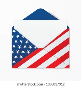 USA flag printed opened envelope with a blank paper lying down on a surface. The United States legal letter or document with copy space, in an unfolded envelope, isolated on background. Vector EPS.