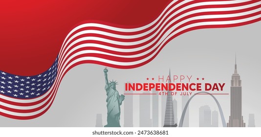 USA flag ribbon with cityscape vector for Independence Day USA poster