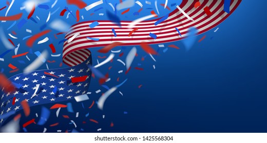 USA flag ribbon and flying colorful confetti for national celebration design. Patriot day, Memorial day, Independence day, Veterans day, national holiday vector horizontal banner.