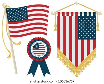 usa flag, rosette and pennant, isolated on white
