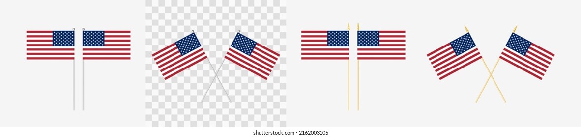 USA flag set. Crossed and vertical US flags. Pennant angle 28 degrees. Variants with gold and silver flagpoles of different shapes. An example of a banner on a transparent layer. Vector illustration