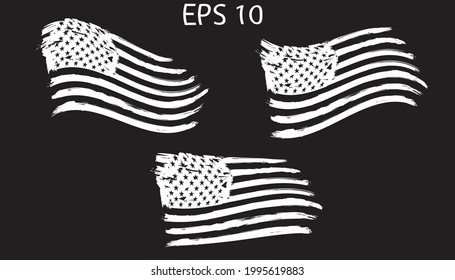 USA Flag set. Distressed American white flag on black  background. flag of America, patriot, military flag, emblem, icon, logo, shirt print. Only commercial use 