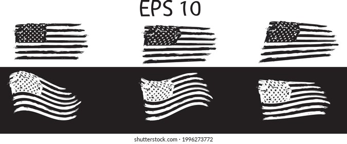 USA Flag set. Distressed American white flag on black background. flag of America, patriot, military flag, emblem, icon, logo, shirt print. Only commercial use