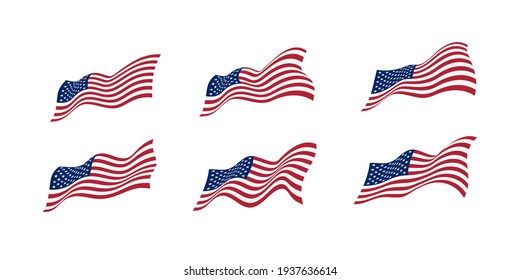 USA flag. Set of dynamic US flag symbols waving in the wind isolated on white background. State symbol, badge, icon, emblem. Vector illustration