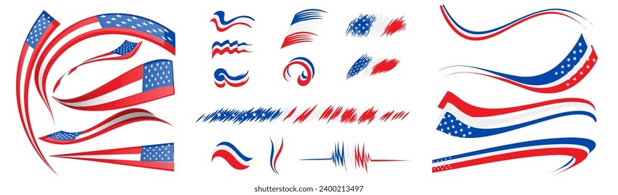 USA flag set elements, vector illustration on a white background