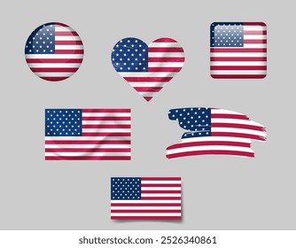 Conjunto de iconos de bandera de EE. UU. Bandera de Vector de América, símbolo. Conjunto de banderas americanas Botón, pincel, agitado, corazón.